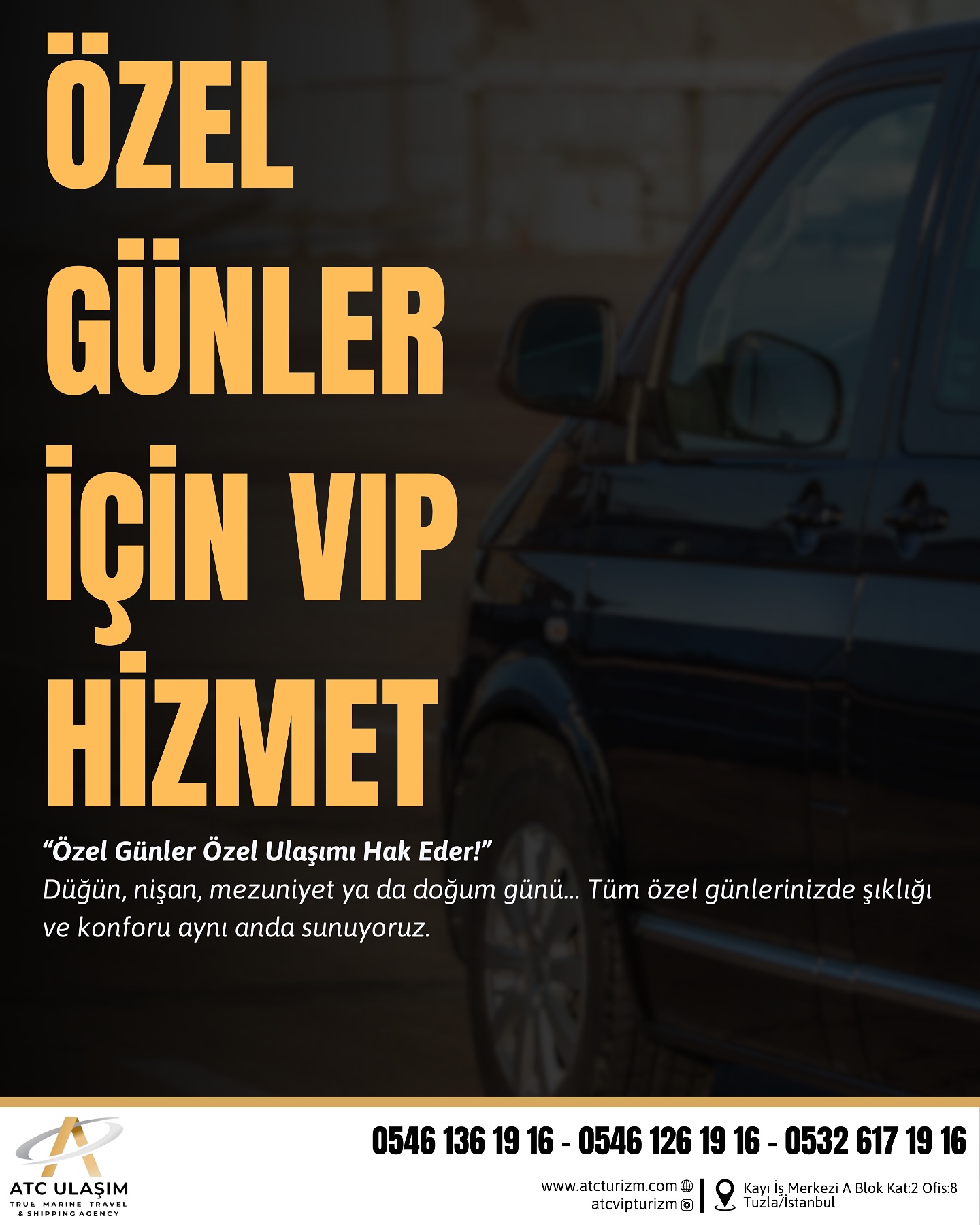“Özel Günler Özel Ulaşımı Hak Eder!”
Düğün, nişan, mezuniyet ya da doğum günü… Tüm özel günlerinizde şıklığı ve konforu aynı anda sunuyoruz.
Şık araçlar, unutulmaz anlar için hazır.
#ÖzelGünTaşımacılığı #VIPAraç #LüksHizmet #ŞoförlüTaşıma